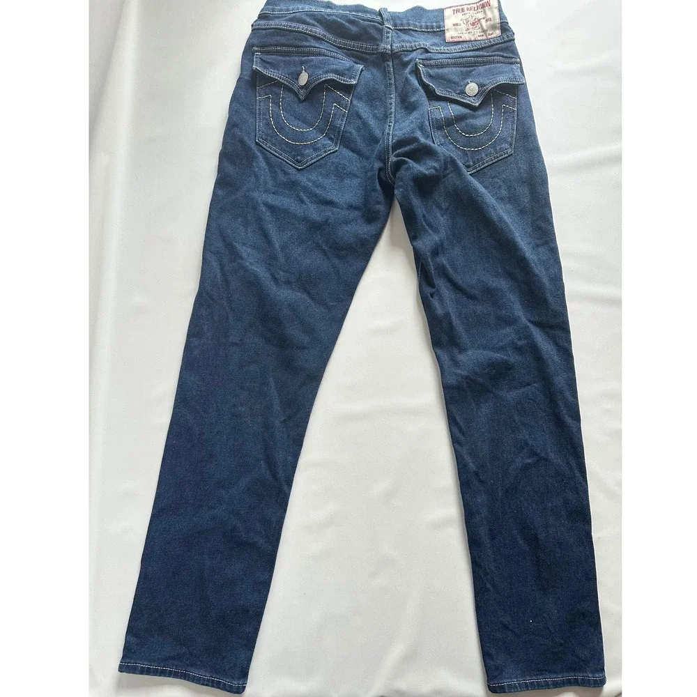 True Religion Geno Relaxed Slim Dark Wash Jeans Mens 30 Contrast Stitch Blue